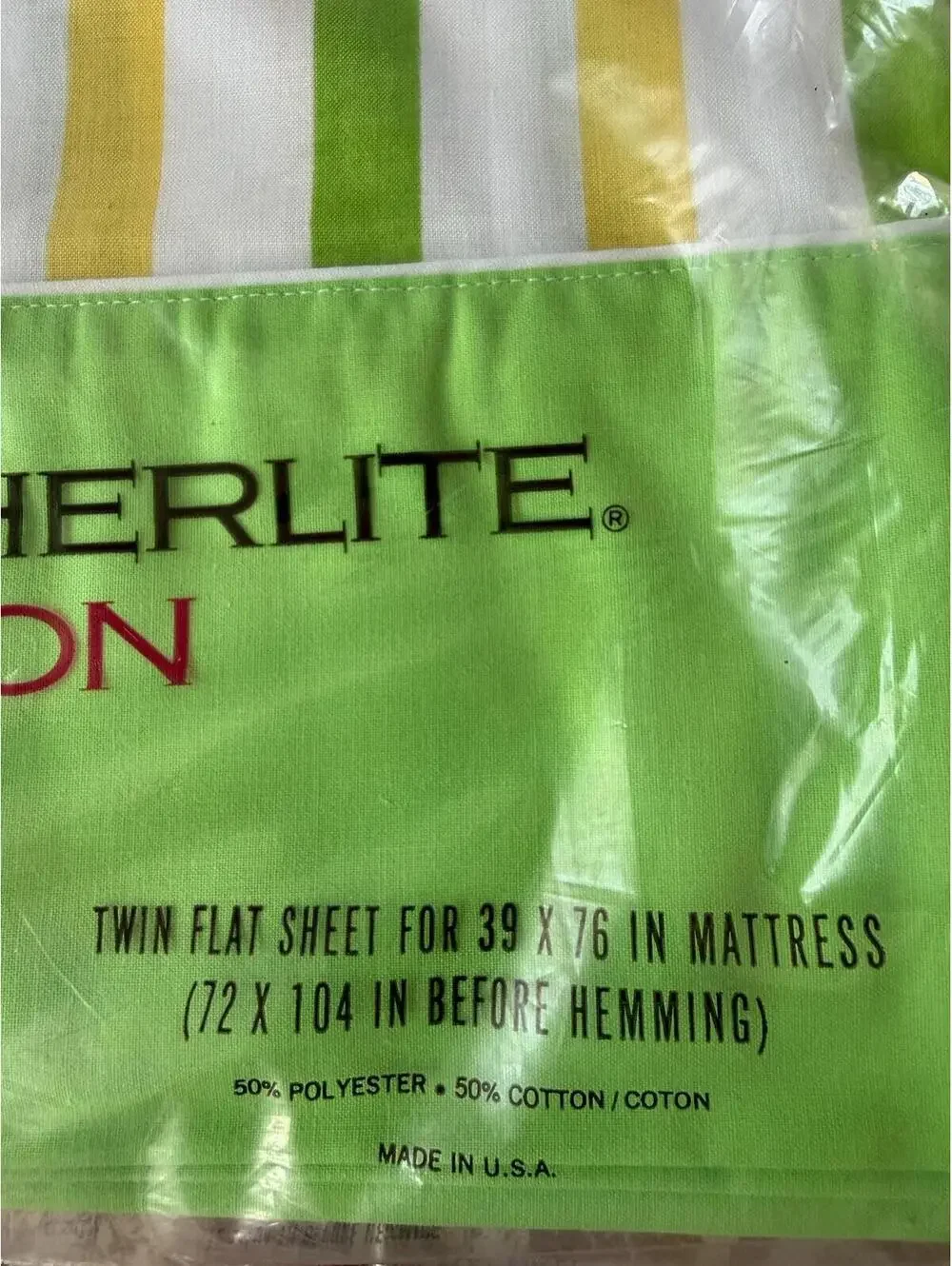 Vintage Cannon Royal Family Featherlite Twin Flat Sheet, Green Yellow Stripes